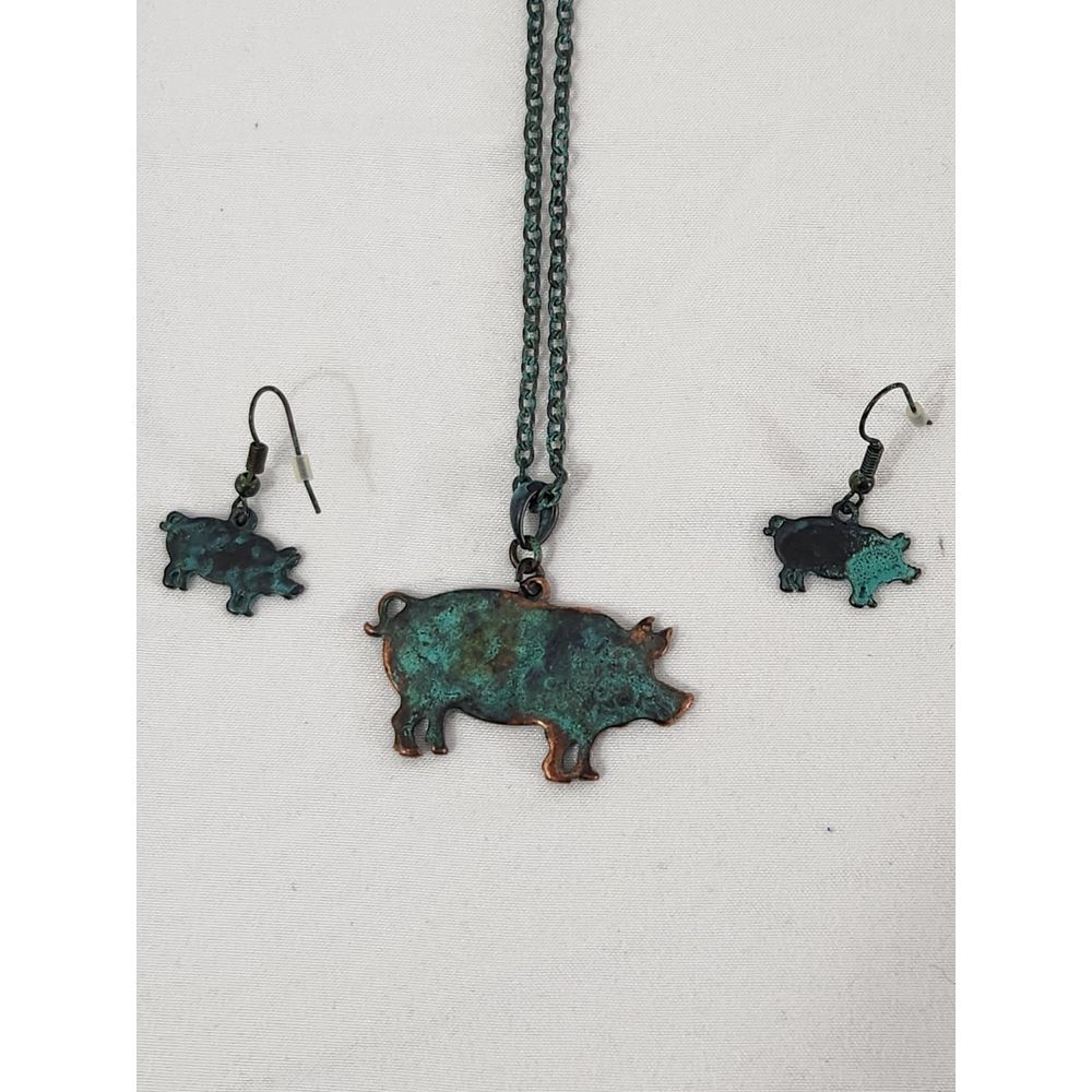 Verdigris Patina Pig Pendant Necklace and‎ Matching Drop Earrings Jewelry Set